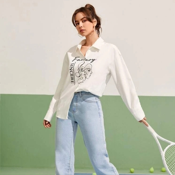 SHEIN Figure & Letter Graphic Drop Shoulder White Button Down Size M - Picture 5 of 12